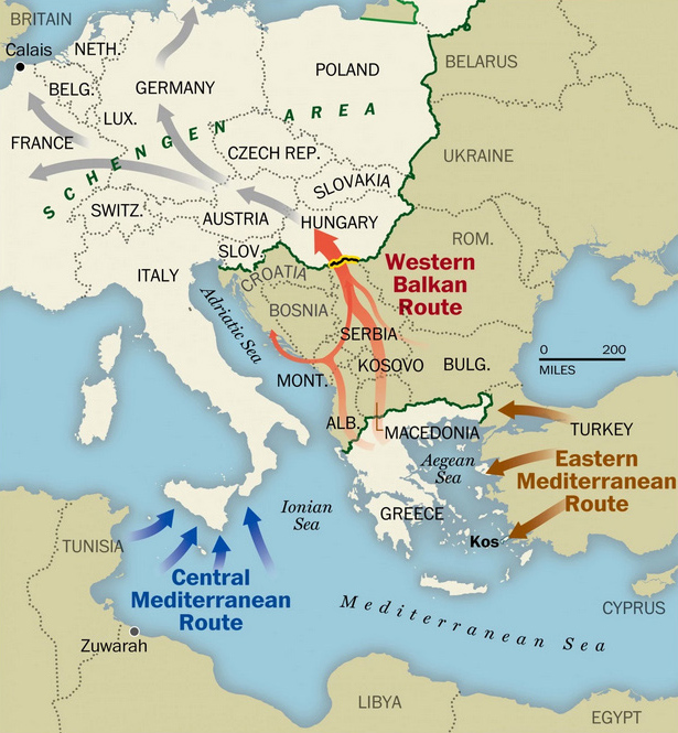 Rutas de los migrantes a Europa. Hoy la más nutrida es que la viene de Turquía, para atravesar Grecia y los Balcanes.